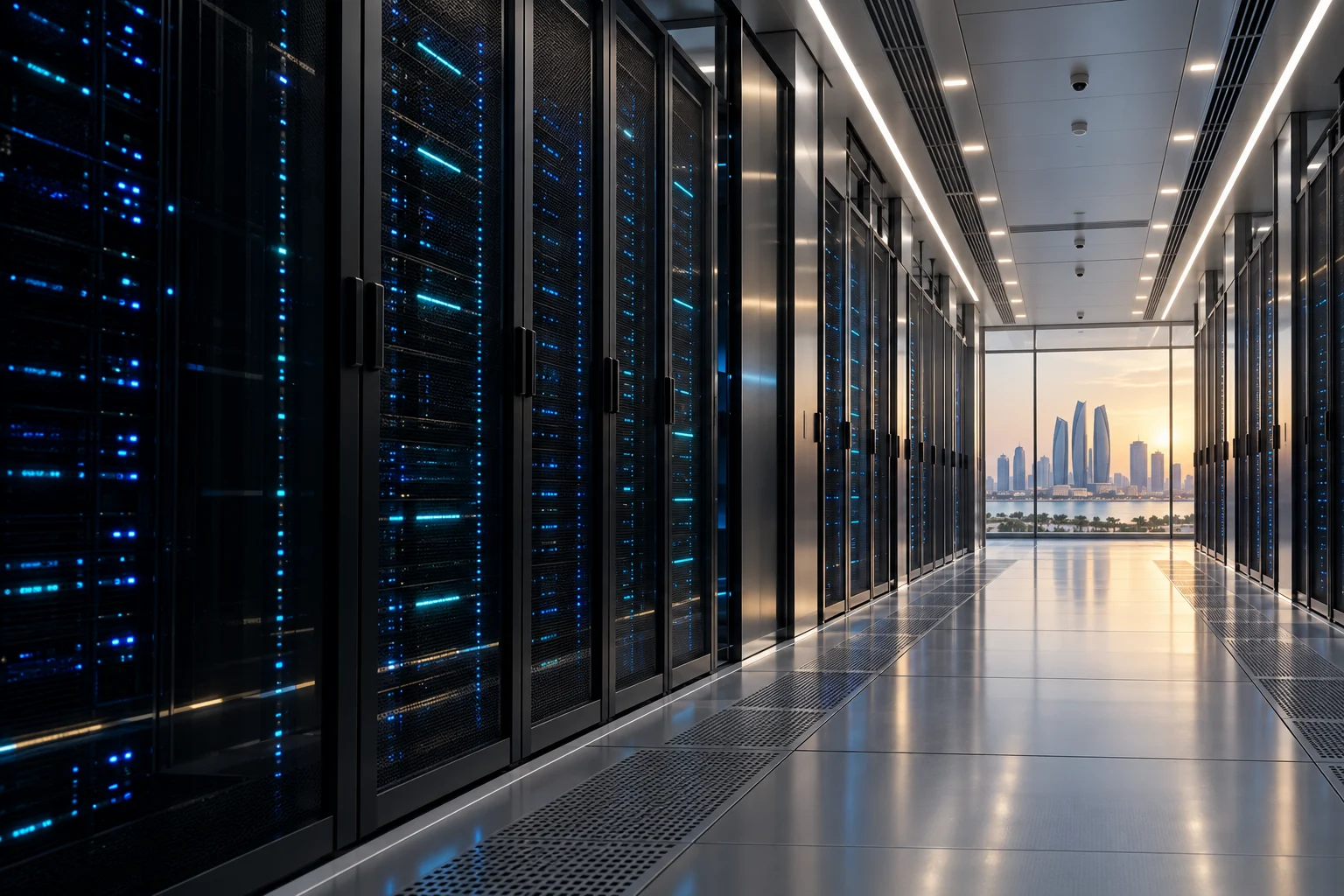 Illustrative blue-lit modern data center corridor
